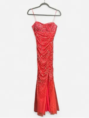 Y2K Cache Salmon Coral Sequin Ruched Formal Maxi Gown Dress Size 4 thumbnail 9