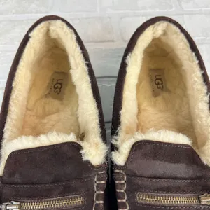UGG Ansley Moccasin Slippers Womens 10 Brown Suede Shearling Fur Lined Zip Charm thumbnail 14