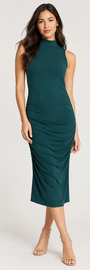 Halogen Ruched Midi Dress Womens Medium Teal New Mock Neck Sleeveless thumbnail 1