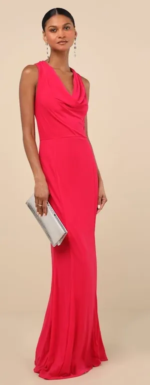 NWT Lulus Stunning Mystery Fuchsia Mesh Cowl Back Mermaid Maxi Dress Banquet L thumbnail 1