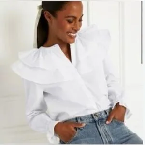 Hill House Home White Ruffle Collar Blouse XS Cotton Button Front Top thumbnail 1