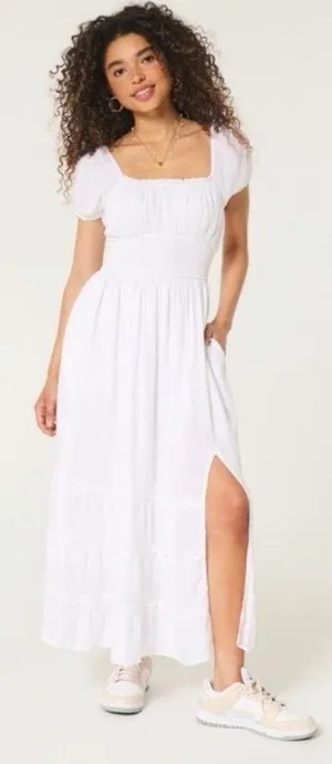 HOLLISTER Maxi Ruffled Puff Short Sleeve White Dress Sz M thumbnail 1