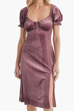 All in Favor Puff Sleeve Crushed Velvet Dress - Plum Size M thumbnail 1