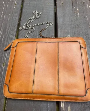 Vintage Tan Leather Clutch Bag Silver Chain Shoulder Strap Frame Top Cognac thumbnail 1