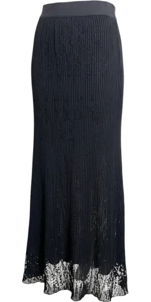 Dark Romantic Black Lace Pleated Maxi Skirt Elastic Waist half sheer whimsigoth thumbnail 1