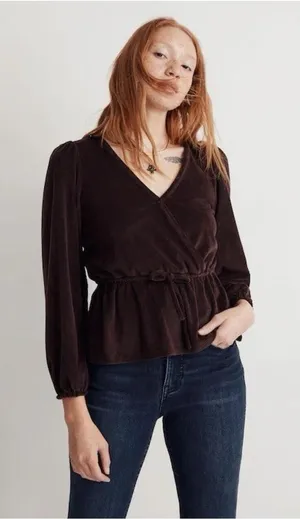 Madewell Corduroy Tie Front Faux Wrap Top Spiced Raisin Balloon Sleeve S thumbnail 1