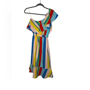 🌈 Peach Love‎ California One-Shoulder Rainbow Stripe Midi Dress M 🌈 thumbnail 3