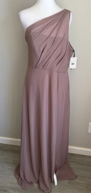 NWT Birdy Grey Kira Chiffon w Slit One Shoulder Toffee Bridesmaid Dress Womens L thumbnail 1