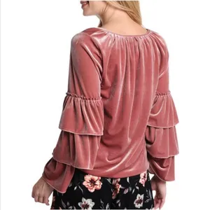 MISA‎ Los Angeles Harlow Top Dusty Rose Velvet Ruffle Sleeve Tassel Blouse Small thumbnail 2