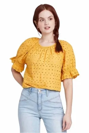 Universal Thread Womens‎ Mustard Yellow Eyelet Puff Sleeve Blouse Top Large L thumbnail 1