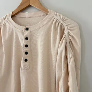 Free People Flow State Henley Top FP Movement XS Beige Ruched Sleeve Ribbed Knit thumbnail 2