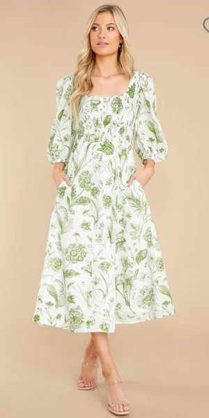 Green Botanical Print Puff Sleeve Midi Dress thumbnail 1