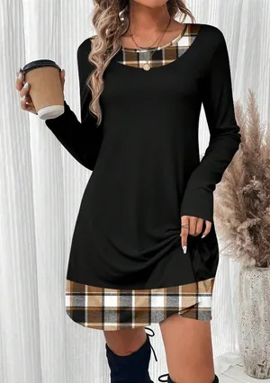 Checkered Contrast Collar Long Sleeve Dress thumbnail 1