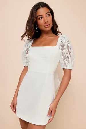 Lulus Charming Potential White Organza Backless Puff Sleeve Mini Dress M NWT thumbnail 1