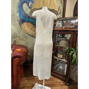 Boho Crochet Knit Maxi Cover Up Dress White Sleeveless V-Back Summer Resort thumbnail 8