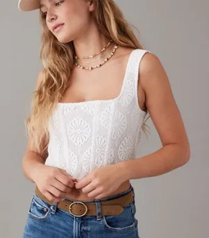 American Eagle Lace Crochet Crop Tank Top Corset Women’s Large White Boho thumbnail 1