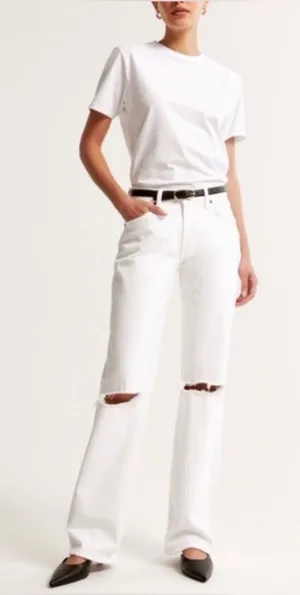 🤍✨ Abercrombie & Fitch The‎ Baggy Low Rise Distressed White Jeans 32/14R 🌴🩶 thumbnail 1