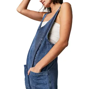 Free People We The Free Sapphire Blue Cotton High Roller Relaxed Denim Jumpsuit thumbnail 4