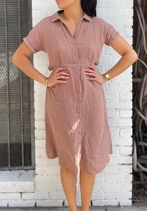 Old Navy Evereve Timeless tan cotton midi dress sz m / doesn’t come with waist tie thumbnail 2