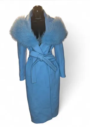 Zara Manteco Blue Wool Blend Coat with Fur Trim Size L #manteco #luxury thumbnail 2