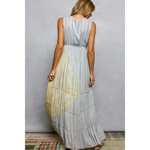POL Deep V Sleeveless Cotton Bohemian Tiered Maxi Dress -‎ Light Grey - Medium thumbnail 5