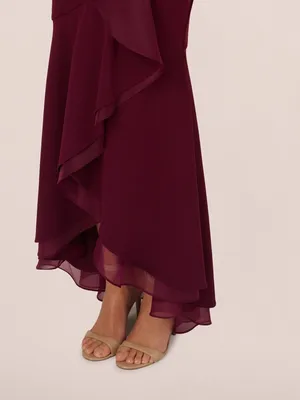 Adrianna Papell High Low Crepe Halter Gown Organza Draping In Cabernet Size‎ 4 thumbnail 3