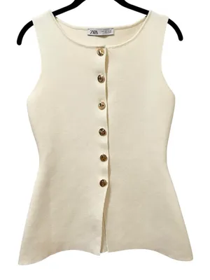 Zara Cream Knit Vest Top Small Gold Buttons thumbnail 1