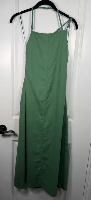 Zara Linen Blend Open Back Midi Dress in Green thumbnail 1