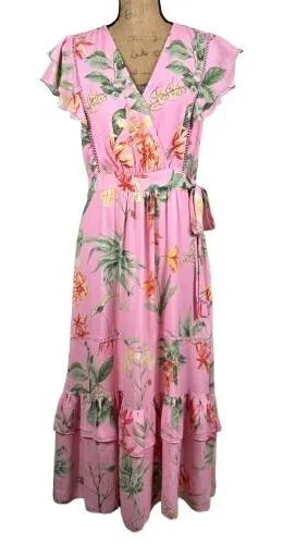 Gibson Latimer Pink Tropical Floral Midi‎ Dress Ruffle Flutter Sleeve Size 6 thumbnail 1