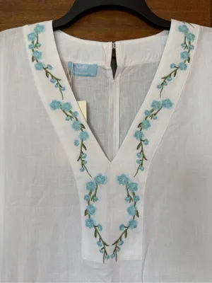 Andie x Fanm Mon Kepez Maxi LINEN Kaftan Dress Blue Floral Embroidery NWT MED thumbnail 3