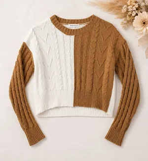 Derek Heart Women’s Small Brown Ivory Colorblock Cable Knit Cropped‎ Sweater thumbnail 1