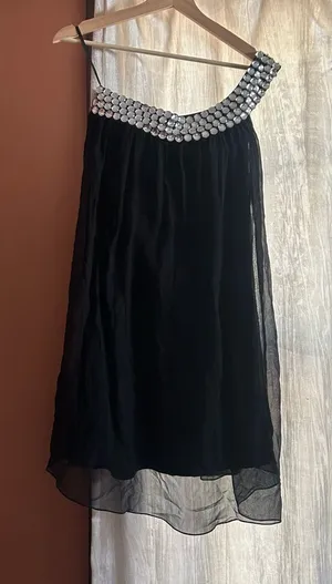 Vintage Scala Silk Black Mini Dress Beaded Gem One Shoulder Sleeveless Size 6‎ thumbnail 1