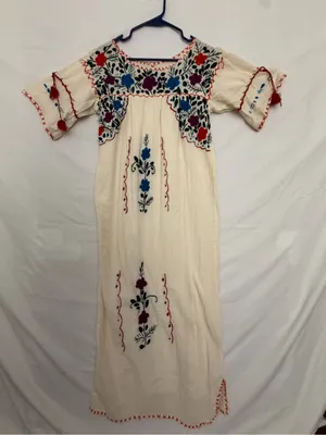 Mexican Hand Embroidered Dress Ivory Floral San Antonino Artisanal Boho(A852) thumbnail 1