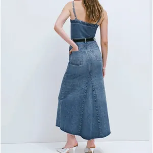 Reformation Tazz Maxi Denim Dress 0 Blue Button Front Slit Spaghetti Strap‎ Raw thumbnail 2