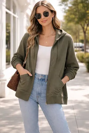 Pact Hooded Full Zip Up Organic Cotton Stretch Olive Sage Green Size Large thumbnail 1