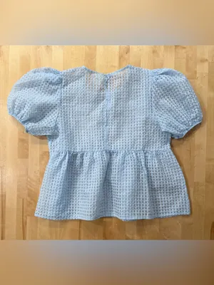 Maeve Anthropologie Babydoll Sheer Light Blue Puff-Sleeve Peplum Top thumbnail 5