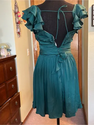 Saints & Secrets forest green fit and flare cocktail dress ruffle shoulders S thumbnail 3