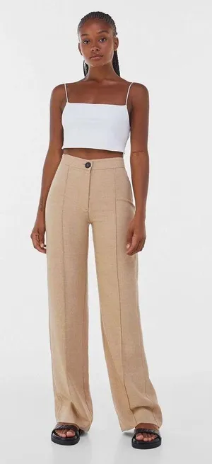 Bershka high waisted beige tan wide leg pants thumbnail 3