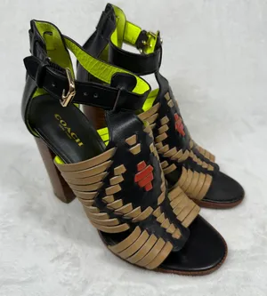 Coach Black Tan Neon‎ Woven Leather Block Heel Sandals Buckle Ankle Strap 7 thumbnail 1