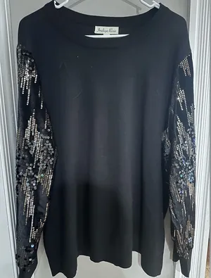 Indigo rose black sweater with velvet sequin sleeves 1X thumbnail 1