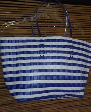 Wax Straw L Seaside Striped Tote Bag in Blue White thumbnail 1