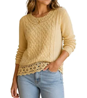 Vintage B.Moss Sweater Womens Size S Yellow Ramie Cotton Crochet Hem & Collar thumbnail 1