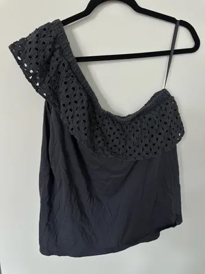 100% Cotton LOFT Black Eyelet One Shoulder Ruffle Top Blouse Size L thumbnail 3