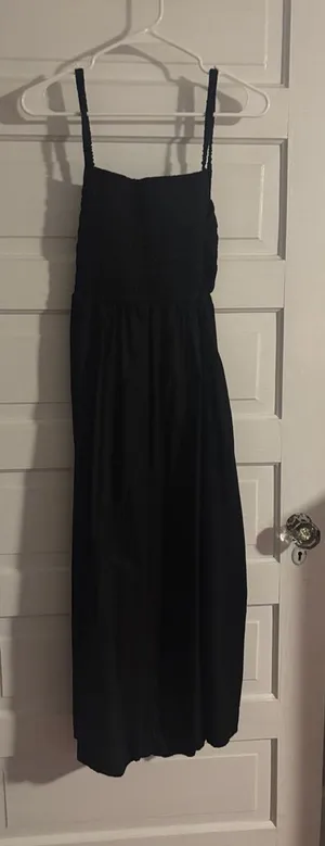 Old Navy Cotton Black Smocked Bodice Maxi Dress with Open Back thumbnail 1