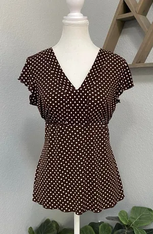 Jtb Brown Polka Dot Babydoll Tie Back Top Flutter Sleeves Cottagecore Dark Fairy thumbnail 1