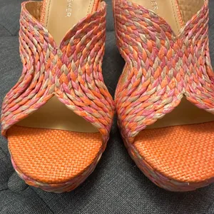 Marc Fisher Pink and Orange Woven Espadrille Wedge thumbnail 4