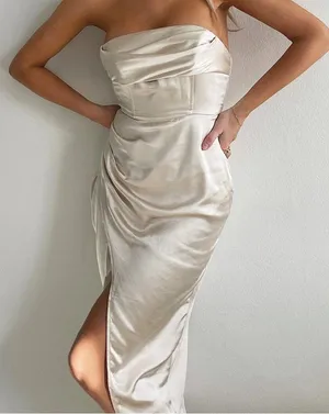 Selfie Leslie DOLCE VITA COWL BUST SATIN CHIC STRAPLESS MIDI DRESS CHAMPAGNE thumbnail 2