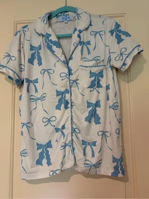 White and Blue Shorts Pajama Set with Bows Size XS thumbnail 3