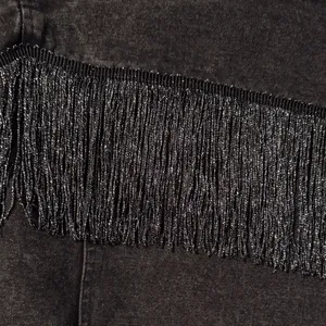 Chic Black Fringe Denim Jacket Size M thumbnail 5