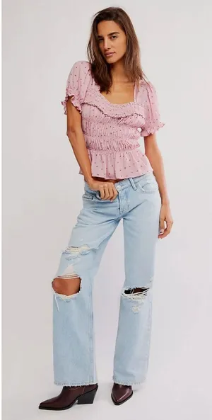 Free People Adore You Blouse Bleached Mauve Floral Smocked Pink Size Medium thumbnail 1